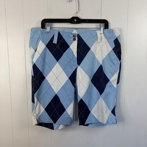 Loudmouth Golf Shorts Blue Argyle Plaid Bermuda Flat Front Cotton Women’s Size 8